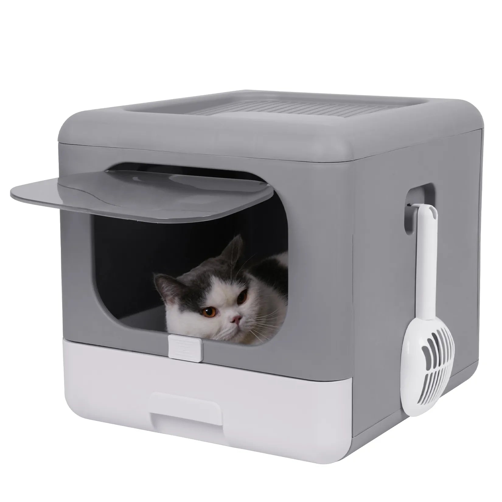 Elegant & Efficient Foldable Litter Box for Cats - Top Entry, Easy-Clean Drawer - Includes Scoop - Ideal for Medium to Large Felines!