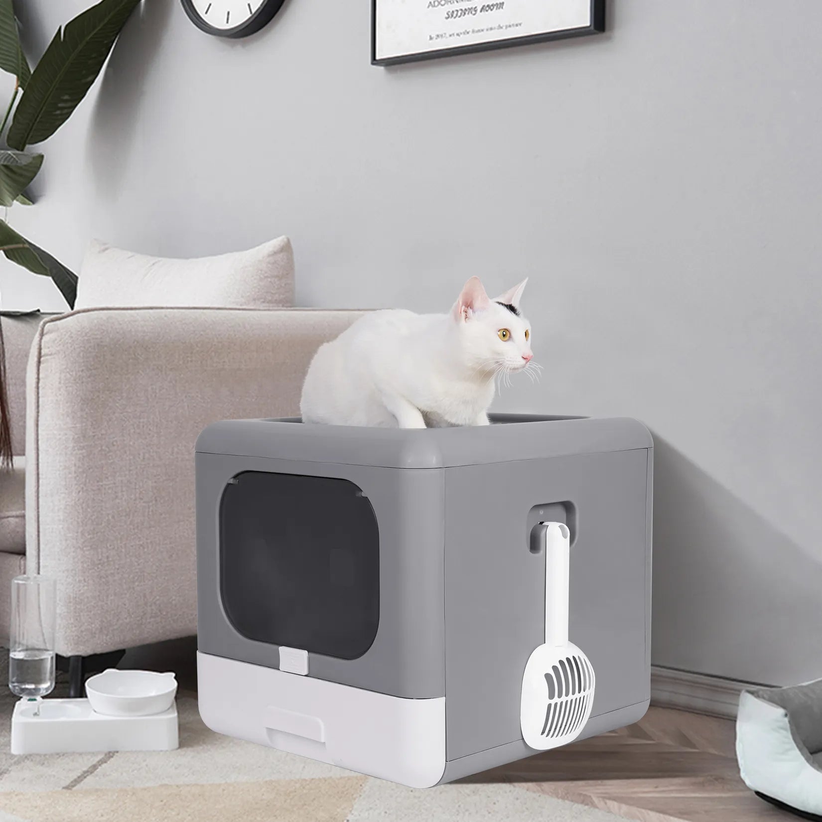 Elegant & Efficient Foldable Litter Box for Cats - Top Entry, Easy-Clean Drawer - Includes Scoop - Ideal for Medium to Large Felines!