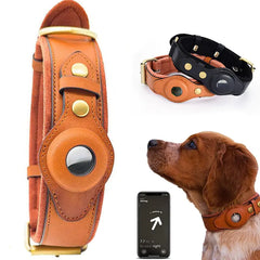 Leather Anti-Lost Dog Collar with AirTag Holder