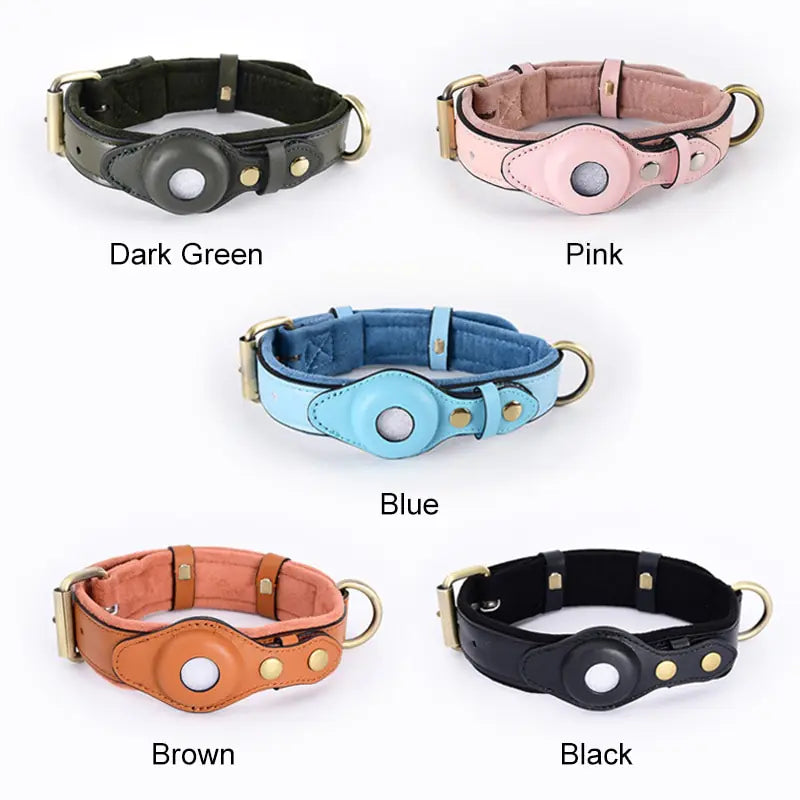 Leather Anti-Lost Dog Collar with AirTag Holder